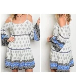 entro Women’s Blue White Boho Spaghetti Strap Cold Shoulder Midi Dress M…